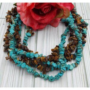 Artisan Boho Multi Strand Faux Turquoise & Tigers Eye Chip Stone Collar Necklace